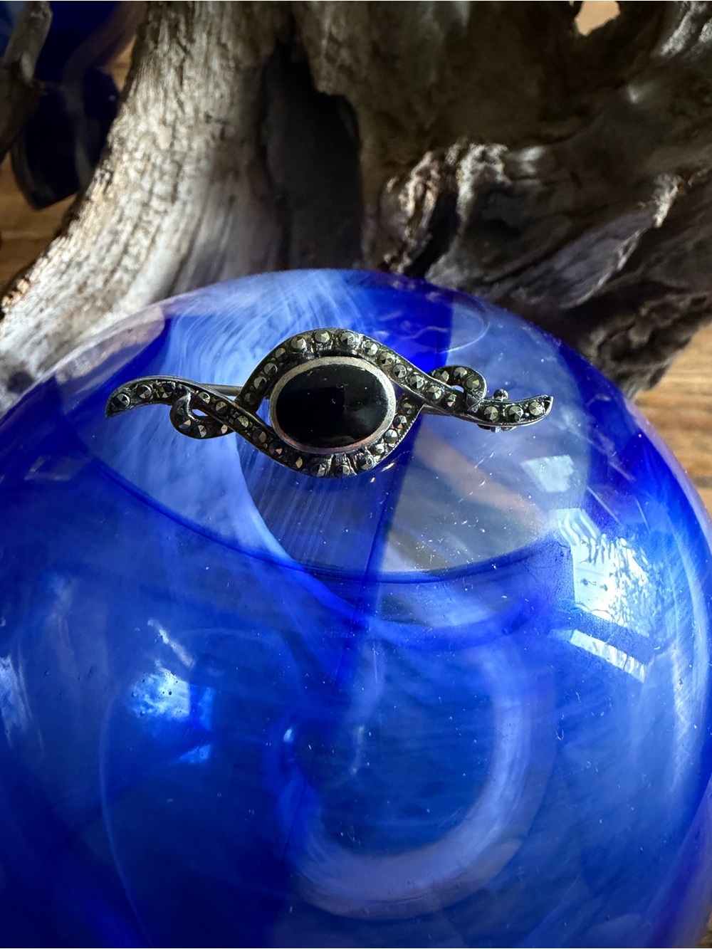 Sterling Silver Black Onyx and Marcasite Accent Brooch